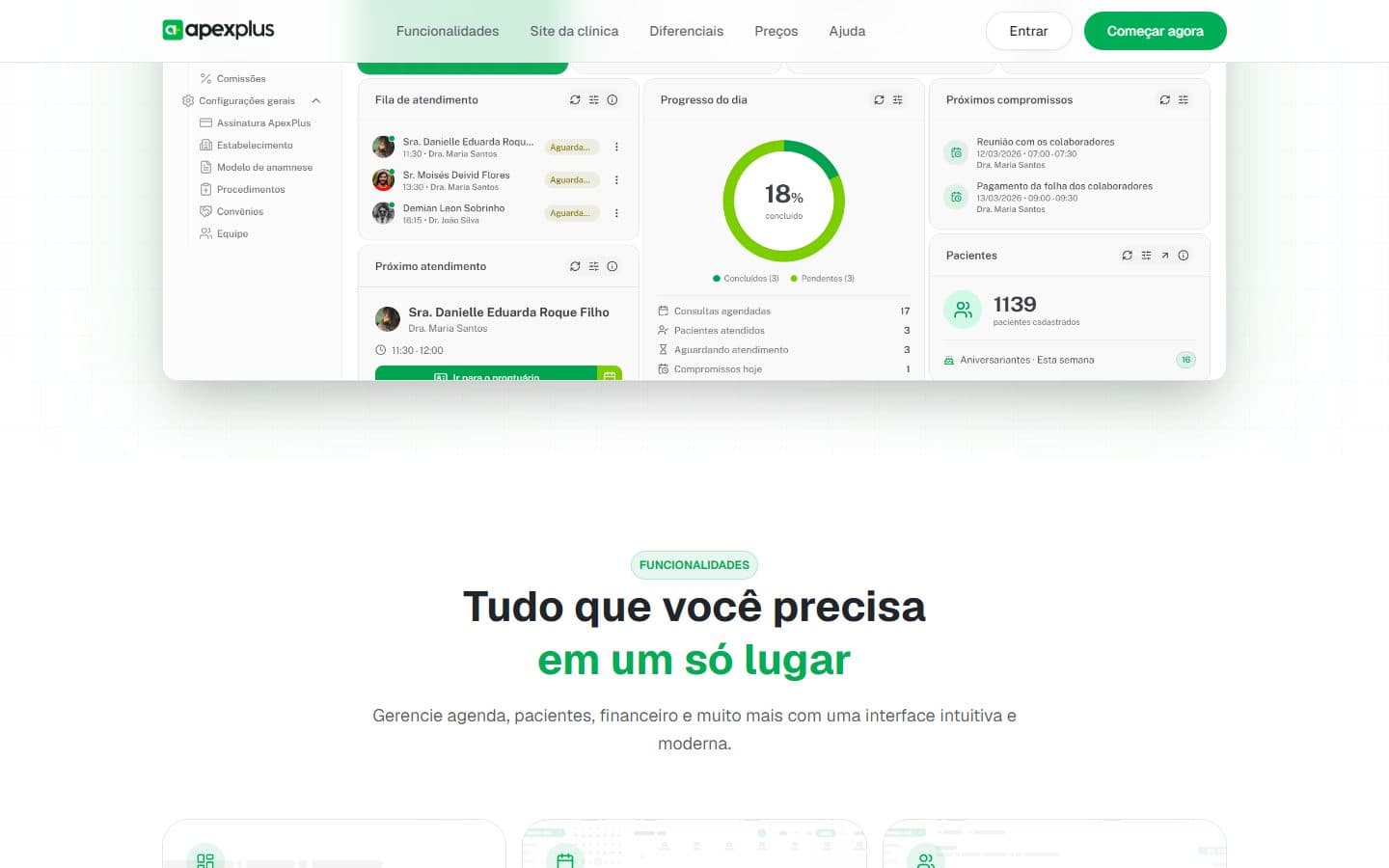 Seção de funcionalidades com dashboard da ApexPlus