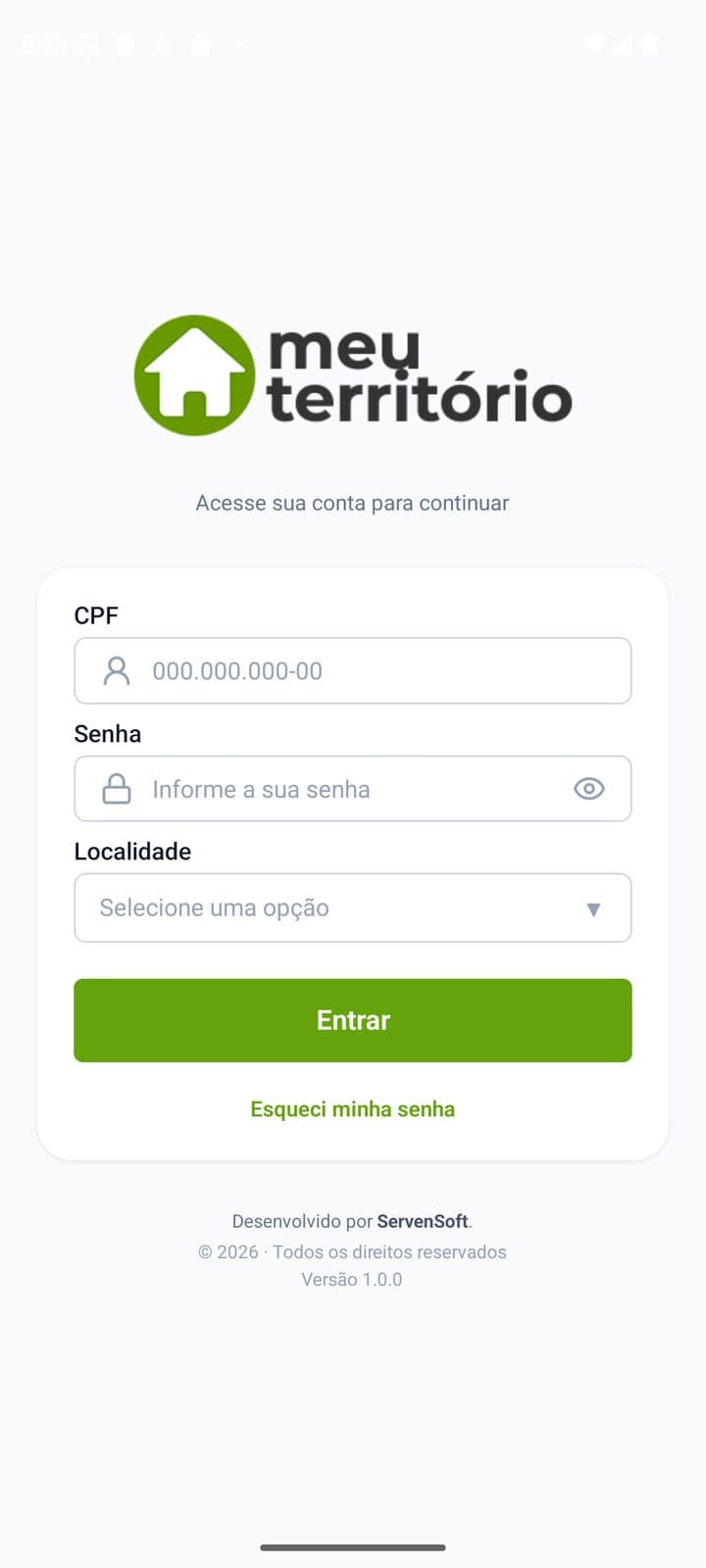 Tela de login do Meu Território