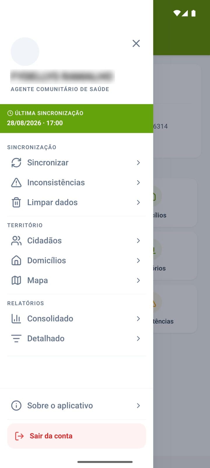 Menu do agente com sincronização, território e relatórios