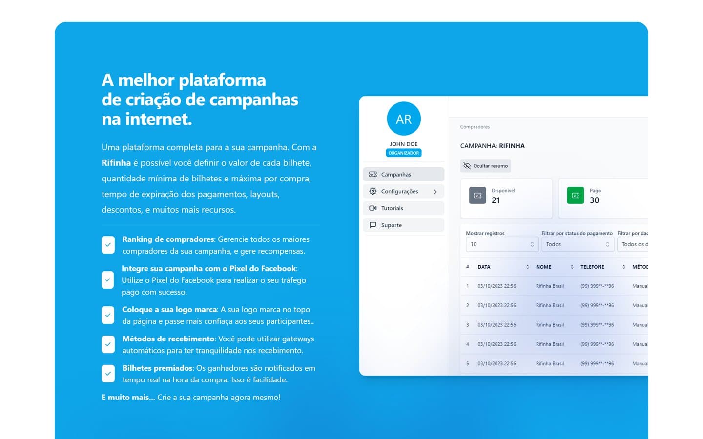 Painel do organizador com compradores e pagamentos