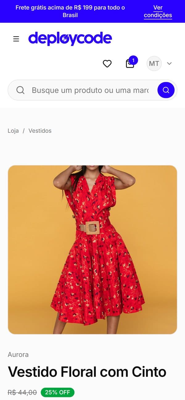 Página de produto da loja no celular